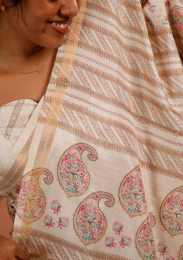 Off White Printed Synthetic Tussar Silk Saree With Floral Motifs Zari Border For Women - Indya