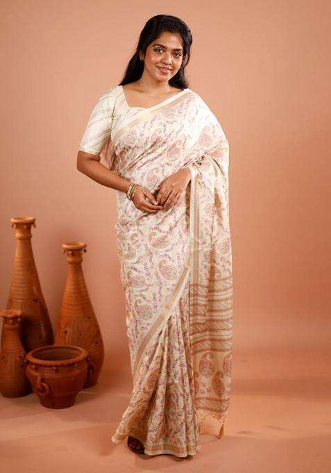Off White Printed Synthetic Tussar Silk Saree With Floral Motifs Zari Border For Women