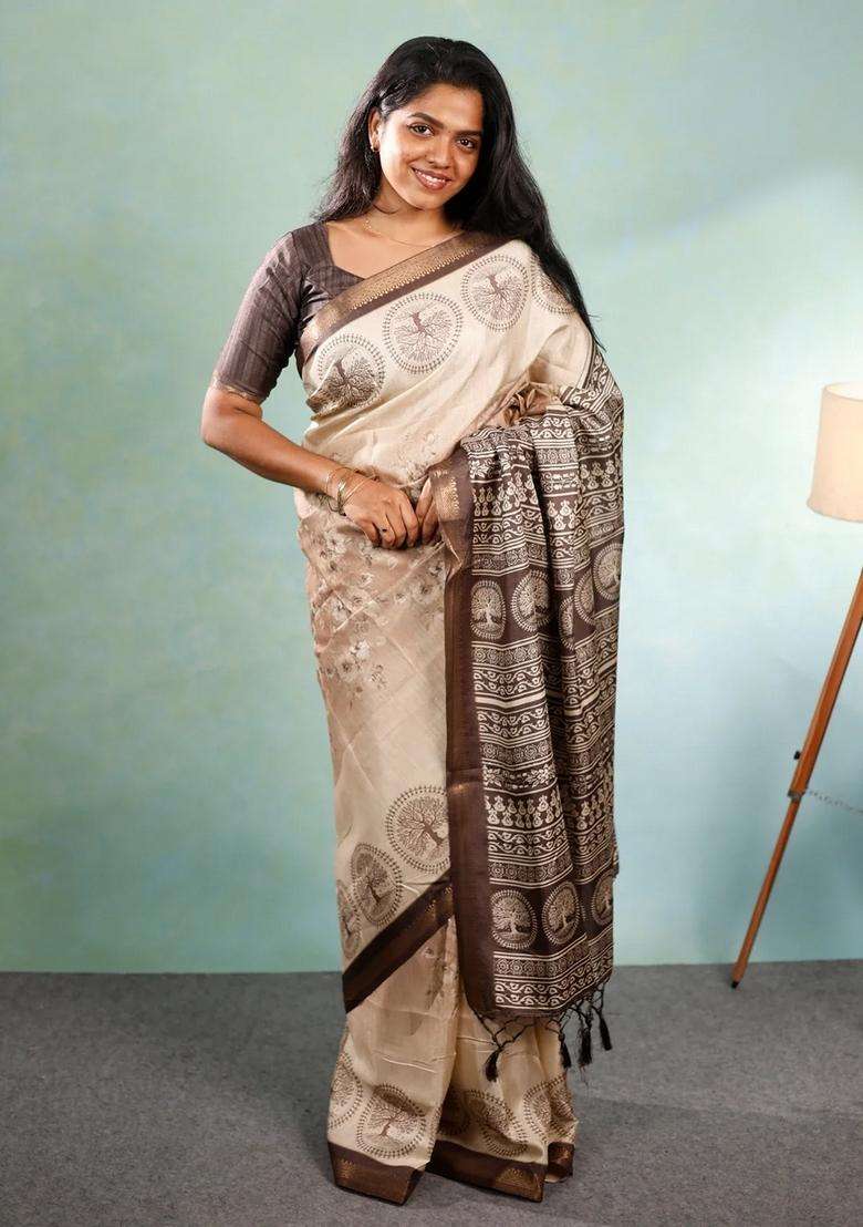 Taupe Printed Synthetic Tussar Silk Saree With Floral Motifs Zari Border For Women - Indya