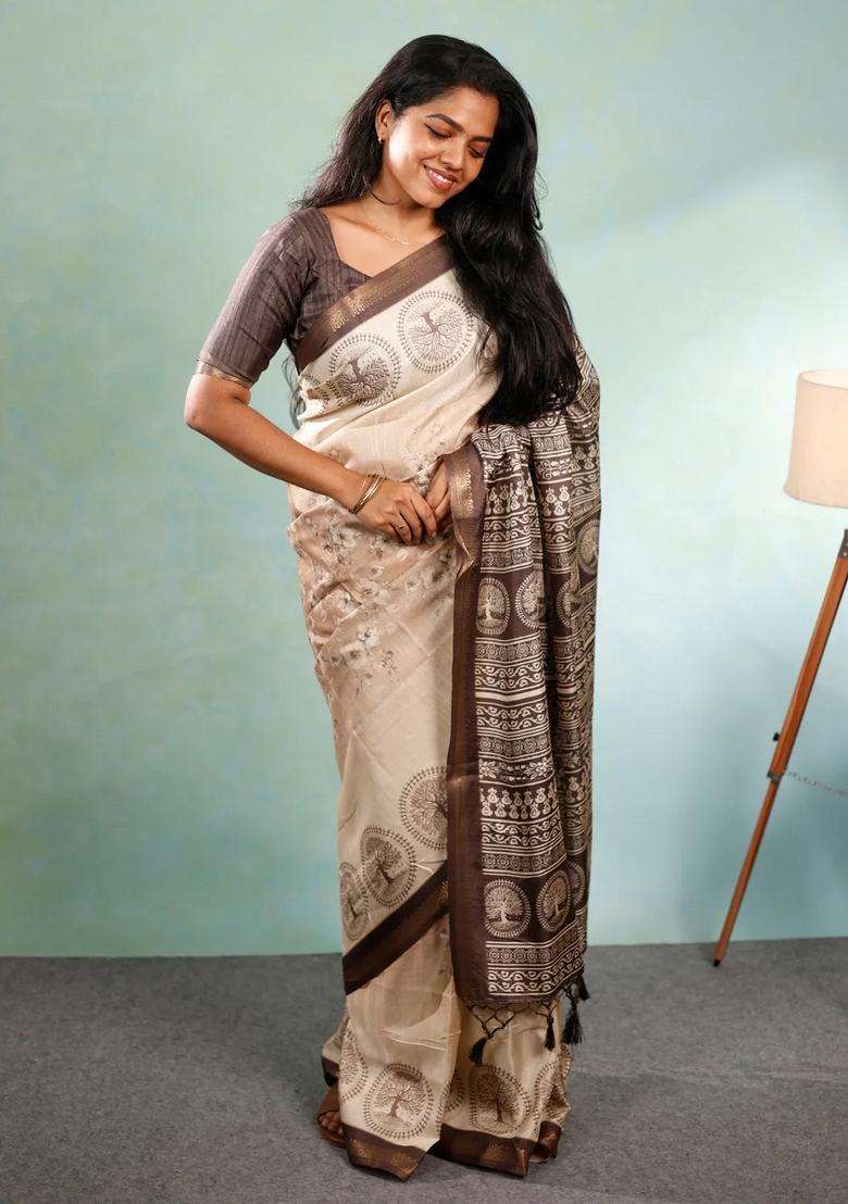 Taupe Printed Synthetic Tussar Silk Saree With Floral Motifs Zari Border For Women - Indya