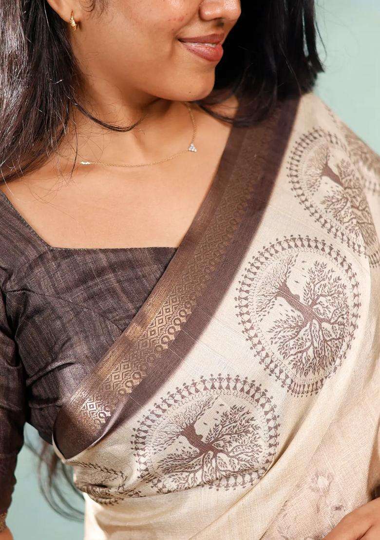 Taupe Printed Synthetic Tussar Silk Saree With Floral Motifs Zari Border For Women - Indya