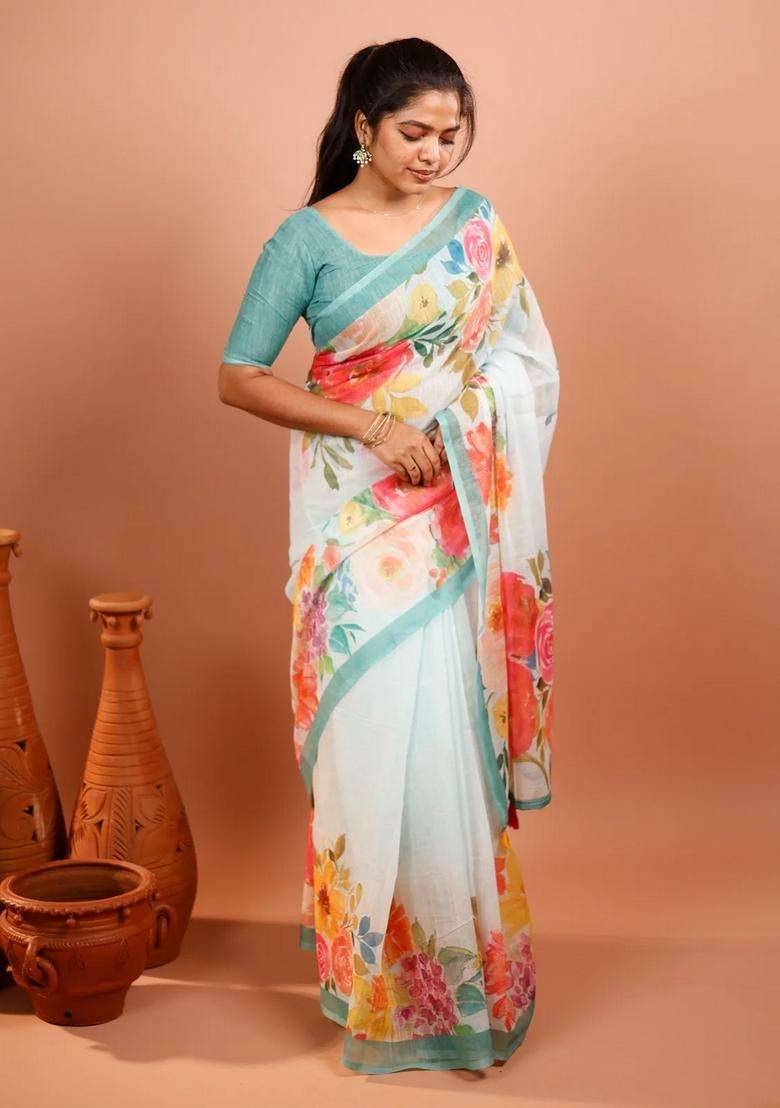 White Printed Synthetic Linen Saree With Floral Motifs Contrast Border For Women - Indya