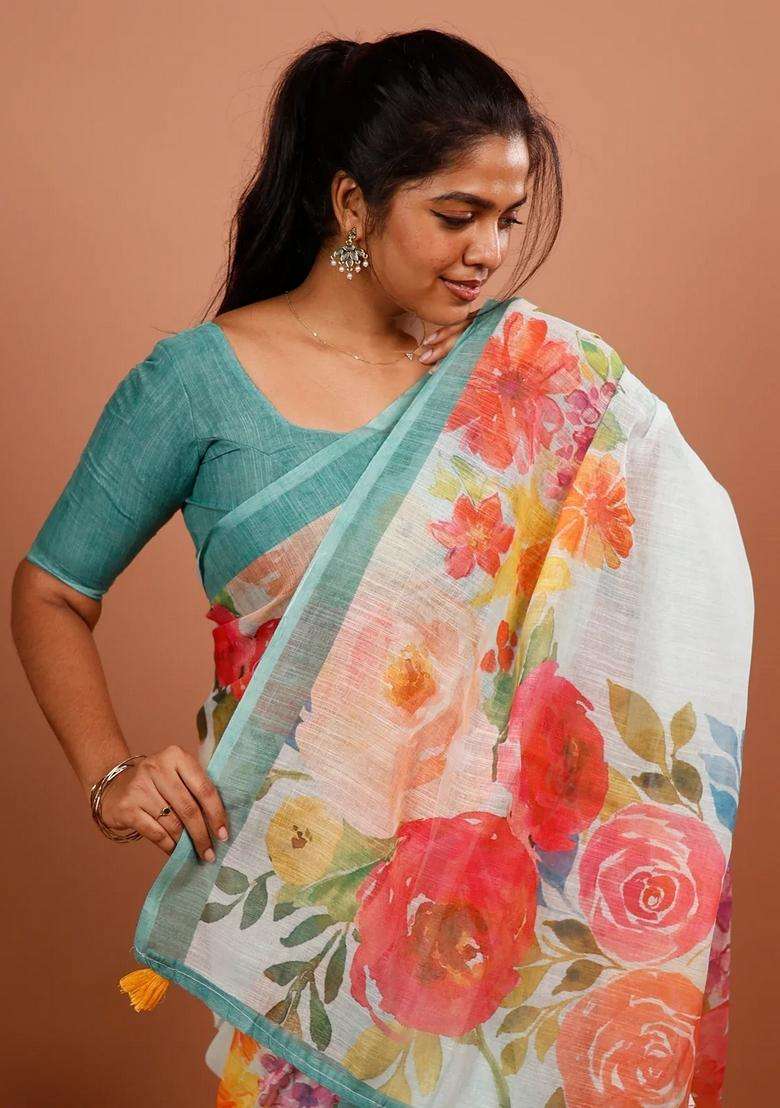 White Printed Synthetic Linen Saree With Floral Motifs Contrast Border For Women - Indya