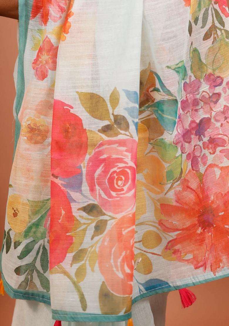 White Printed Synthetic Linen Saree With Floral Motifs Contrast Border For Women - Indya