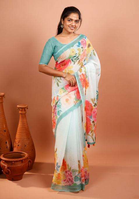 White Printed Synthetic Linen Saree With Floral Motifs Contrast Border For Women