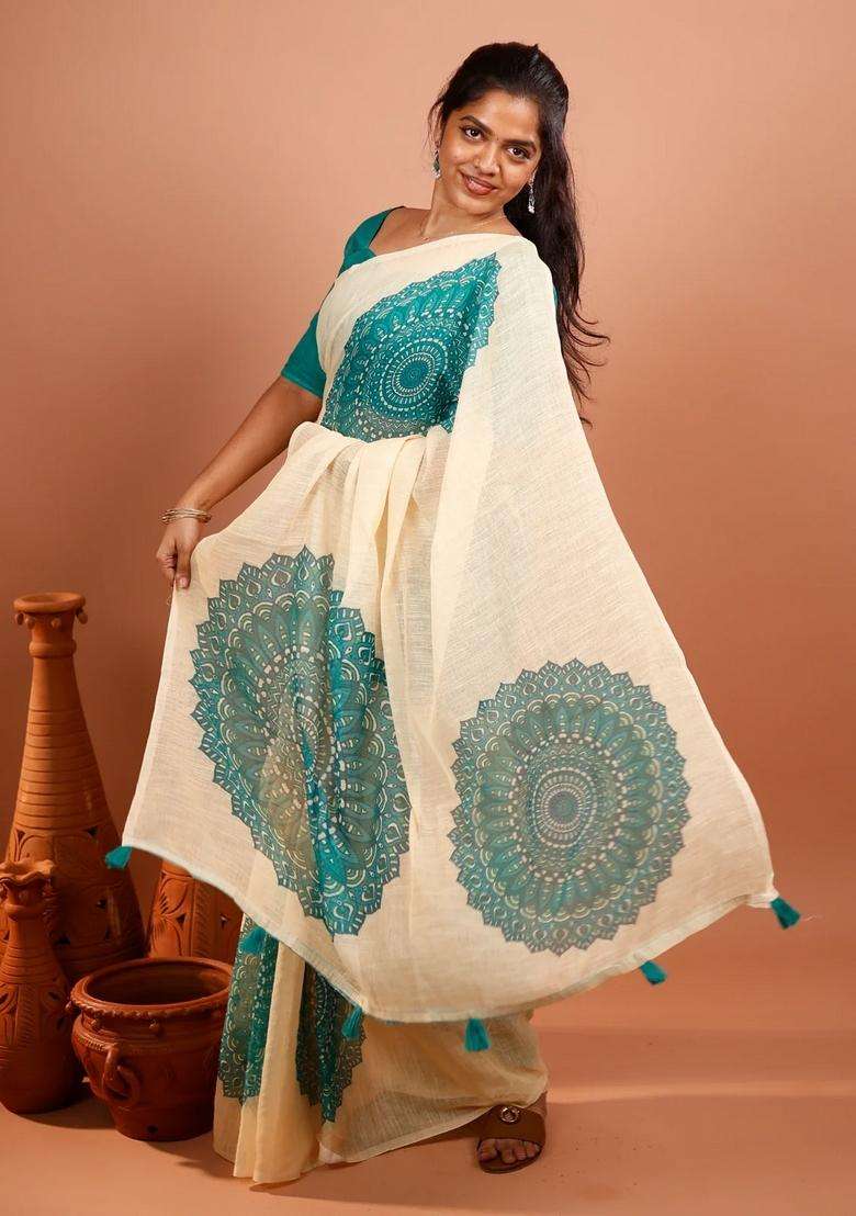 Cream Printed Synthetic Linen Saree With Floral Motifs For Women - Indya