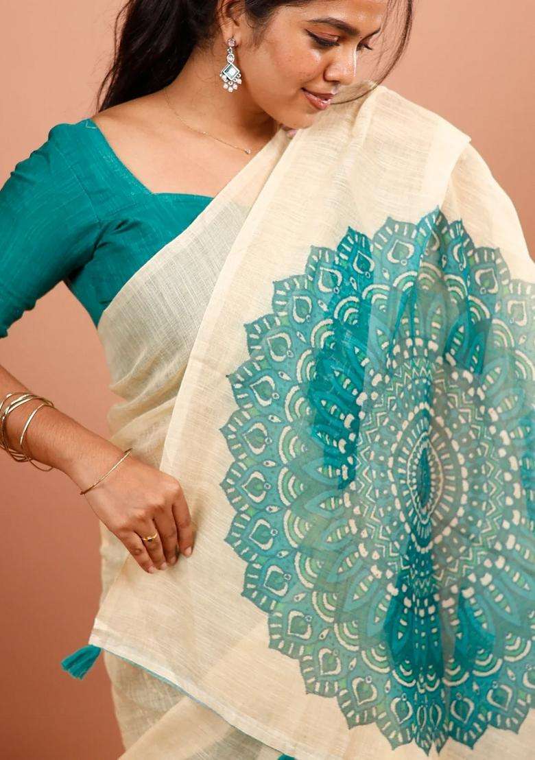 Cream Printed Synthetic Linen Saree With Floral Motifs For Women - Indya