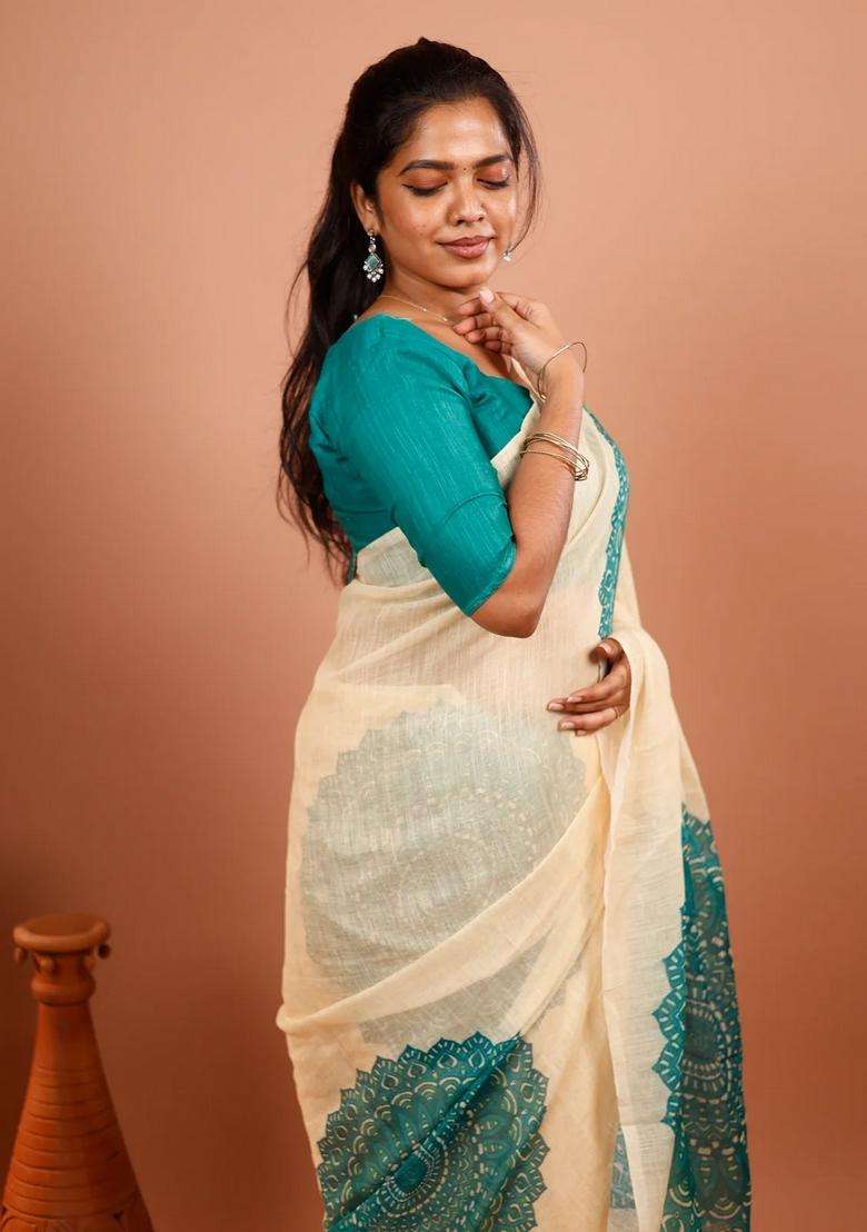 Cream Printed Synthetic Linen Saree With Floral Motifs For Women - Indya