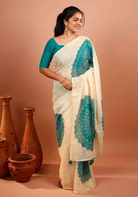 Cream Printed Synthetic Linen Saree With Floral Motifs For Women
