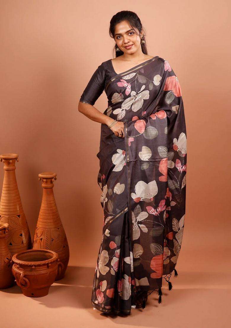 Black Printed Synthetic Tussar Silk Saree With Floral Motifs Zari Border For Women - Indya