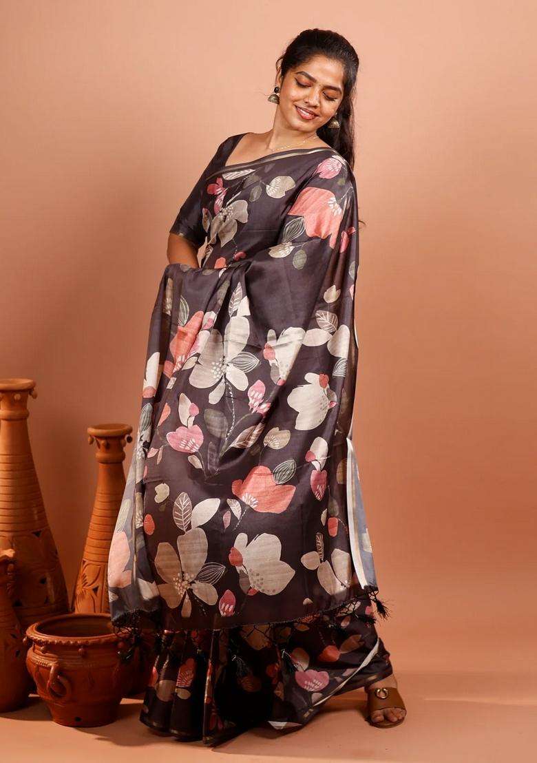 Black Printed Synthetic Tussar Silk Saree With Floral Motifs Zari Border For Women - Indya