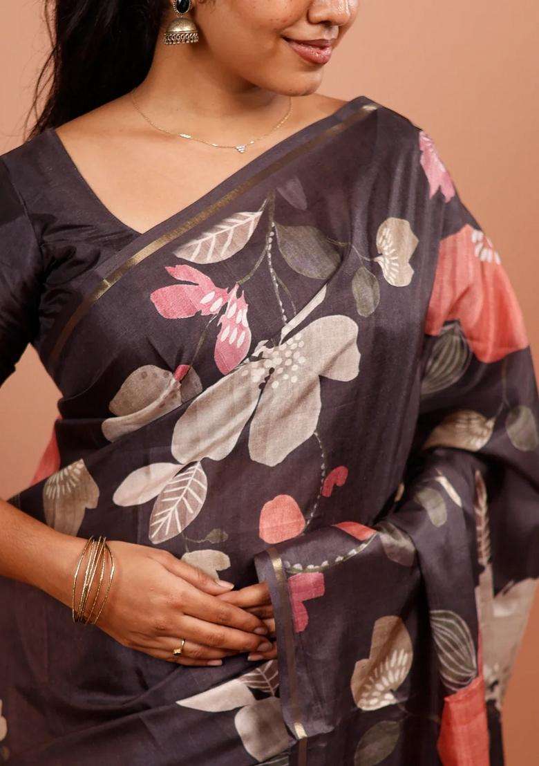 Black Printed Synthetic Tussar Silk Saree With Floral Motifs Zari Border For Women - Indya