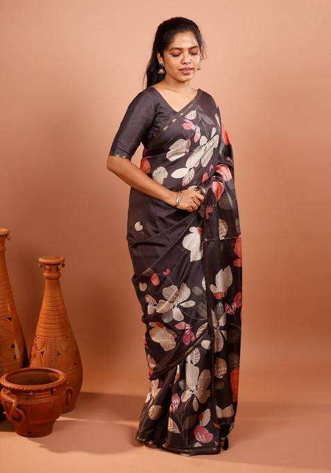 Black Printed Synthetic Tussar Silk Saree With Floral Motifs Zari Border For Women