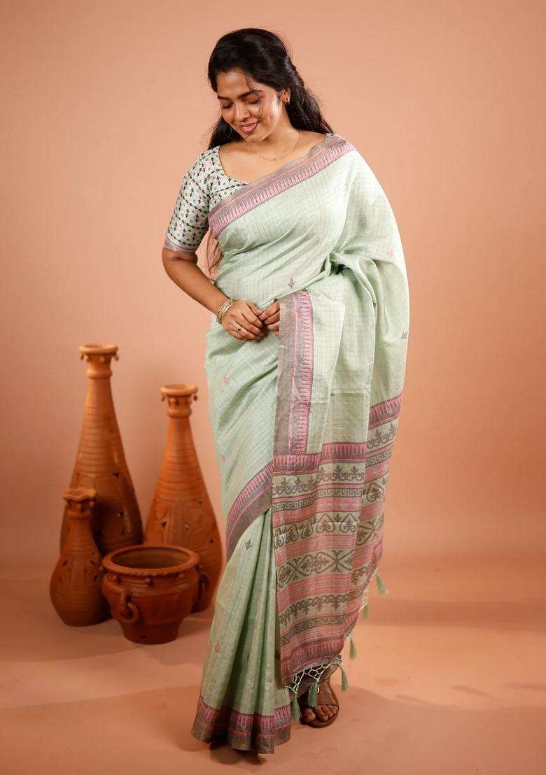 Cardamom Green Printed Synthetic Tussar Silk Saree With Zari Checks For Women - Indya