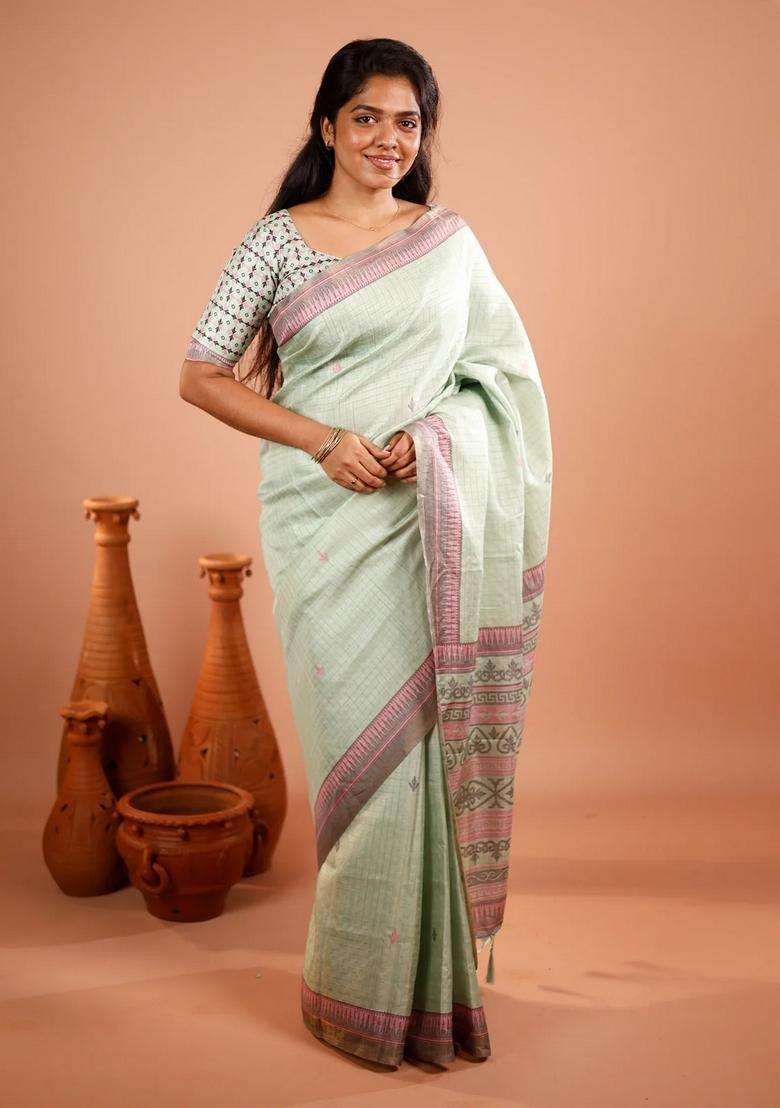 Cardamom Green Printed Synthetic Tussar Silk Saree With Zari Checks For Women - Indya