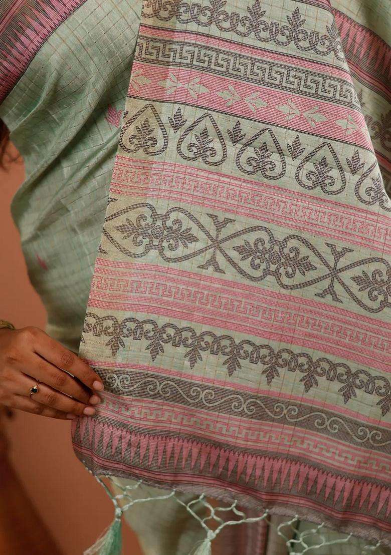 Cardamom Green Printed Synthetic Tussar Silk Saree With Zari Checks For Women - Indya