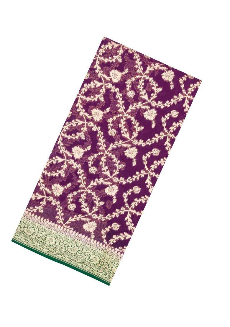 Dark Purple Handloom Banarasi Khaddi Georgette Silk Saree With Contrast Border With Buttas And Brocade Design For Women - Indya