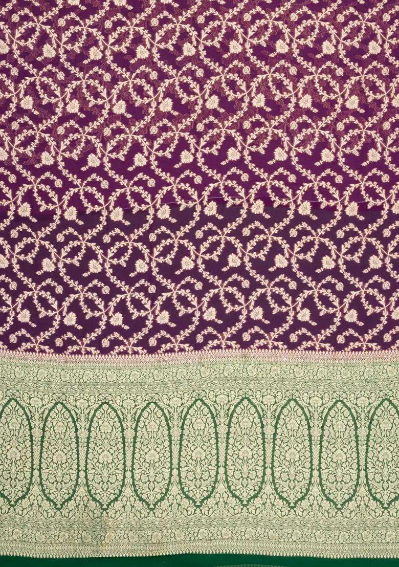 Dark Purple Handloom Banarasi Khaddi Georgette Silk Saree With Contrast Border With Buttas And Brocade Design For Women - Indya