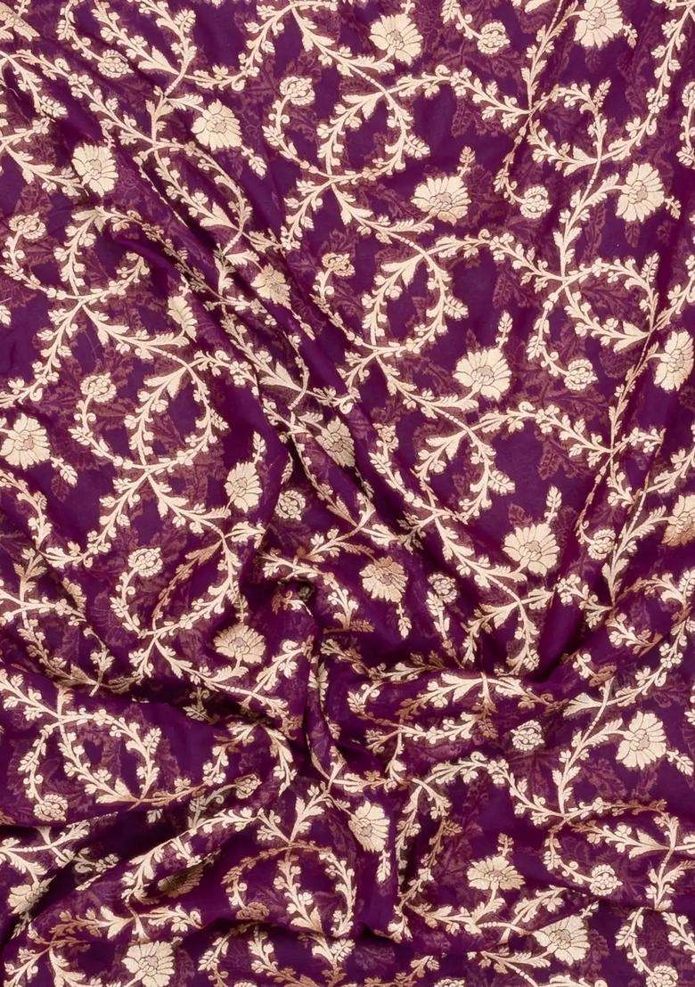 Dark Purple Handloom Banarasi Khaddi Georgette Silk Saree With Contrast Border With Buttas And Brocade Design For Women - Indya