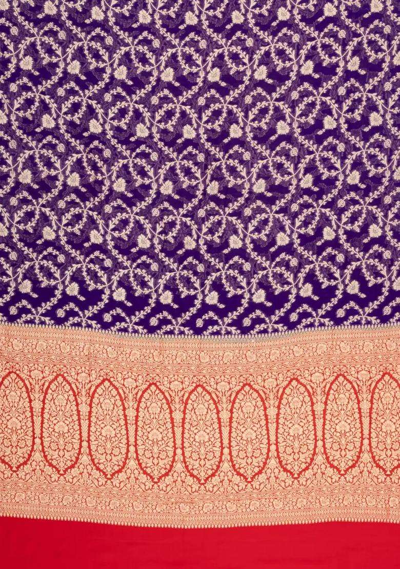 Purple Handloom Banarasi Khaddi Georgette Silk Saree With Contrast Border With Buttas And Brocade Design For Women - Indya