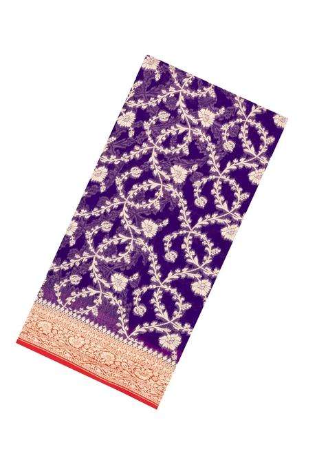 Purple Handloom Banarasi Khaddi Georgette Silk Saree With Contrast Border With Buttas And Brocade Design For Women