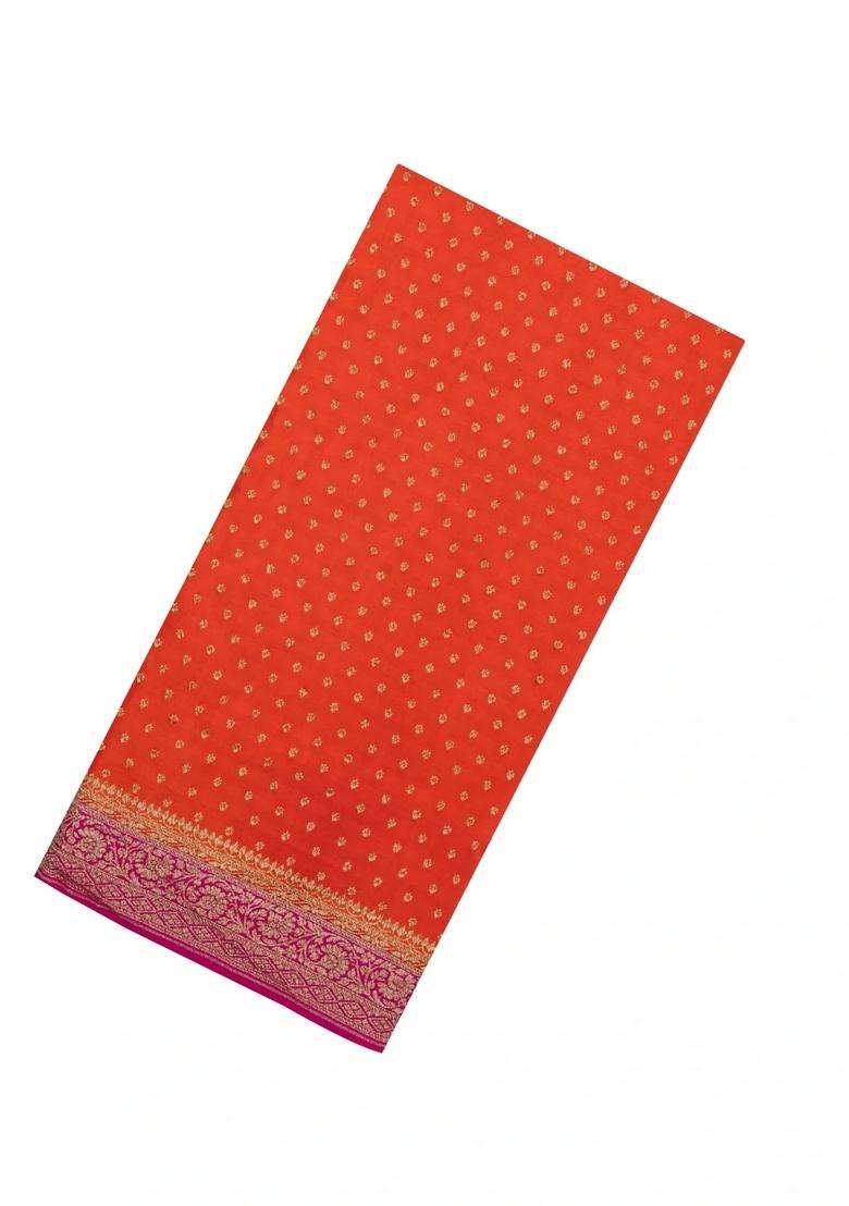Red Handloom Banarasi Khaddi Georgette Silk Saree With Contrast Border With Buttas And Brocade Design For Women - Indya