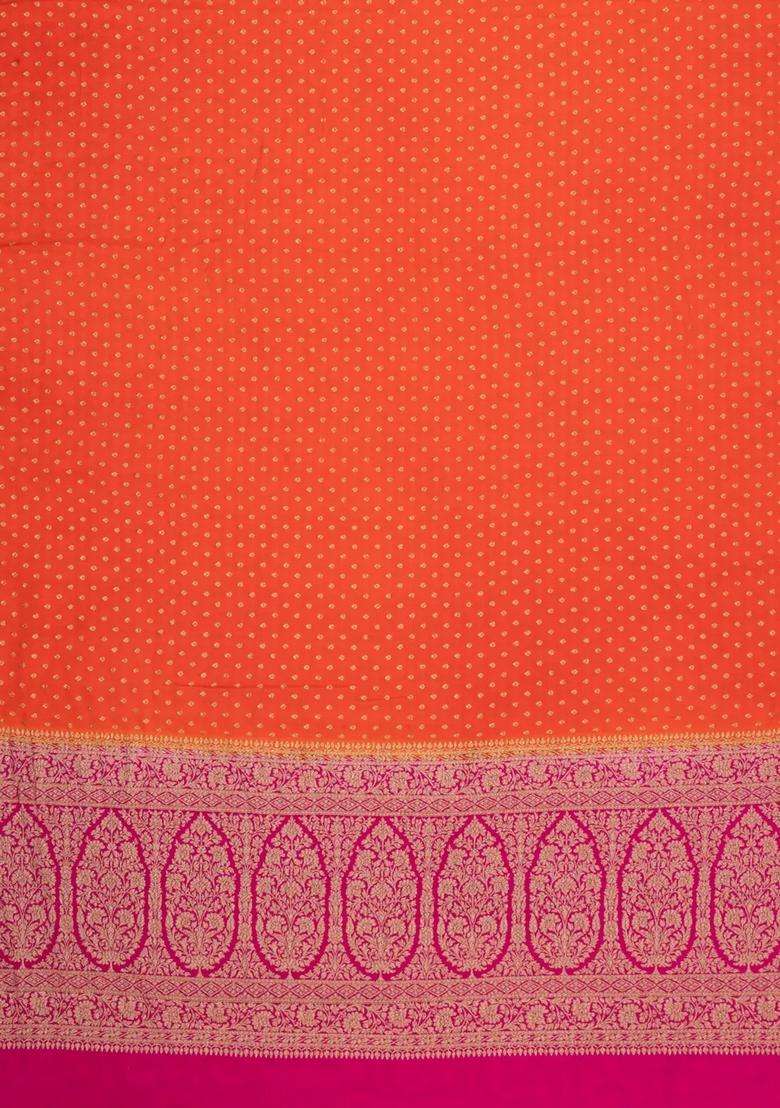 Red Handloom Banarasi Khaddi Georgette Silk Saree With Contrast Border With Buttas And Brocade Design For Women - Indya