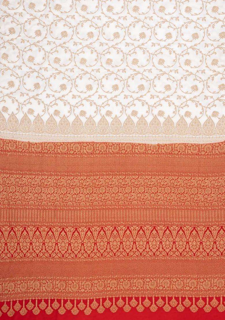 White Handloom Banarasi Khaddi Georgette Silk Saree With Contrast Border With Buttas And Brocade Design For Women - Indya