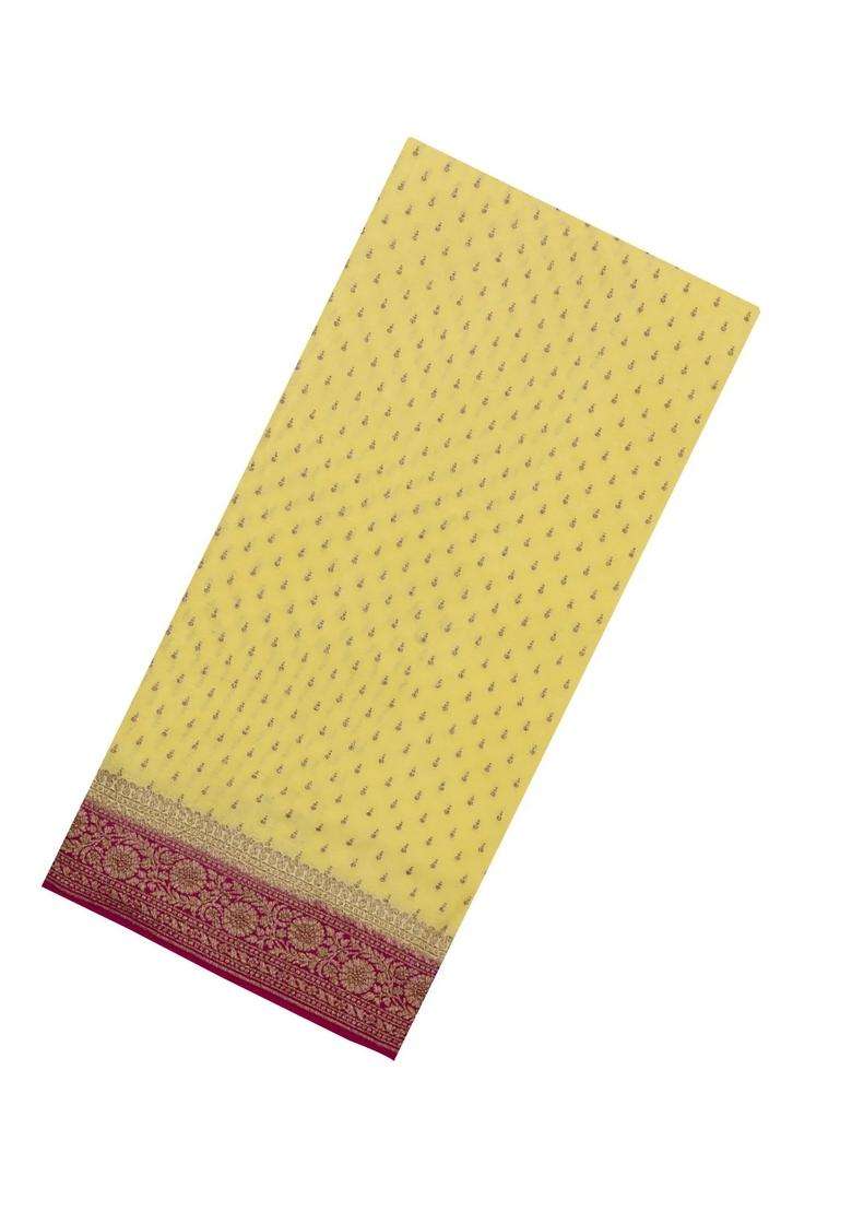Light Yellow Handloom Banarasi Khaddi Georgette Silk Saree With Contrast Border With Buttas And Brocade Design For Women - Indya