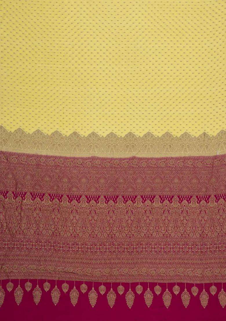 Light Yellow Handloom Banarasi Khaddi Georgette Silk Saree With Contrast Border With Buttas And Brocade Design For Women - Indya
