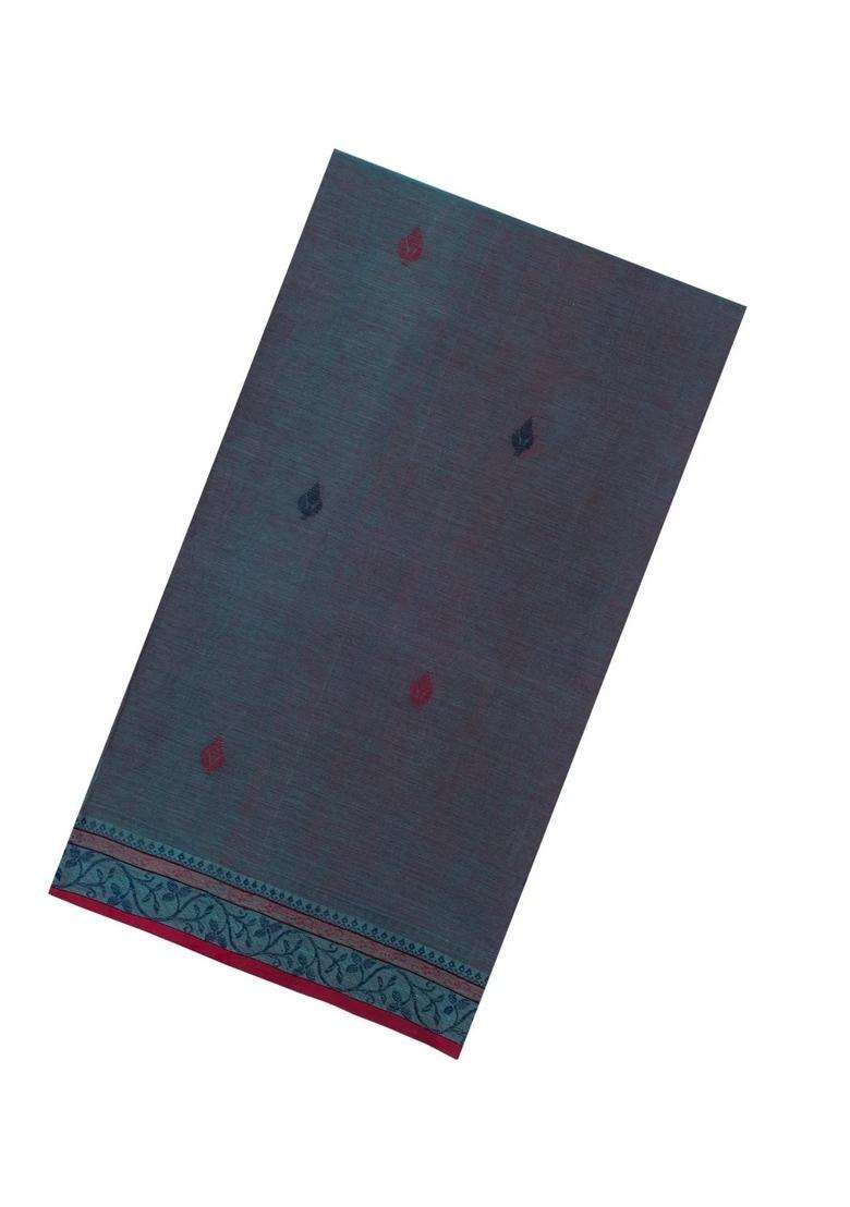 Steel Blue Handloom Bengal Cotton Saree With Floral Motifs With Buttas And Brocade Design For Women - Indya