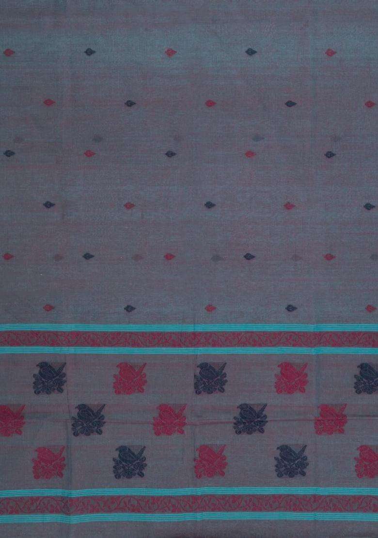 Steel Blue Handloom Bengal Cotton Saree With Floral Motifs With Buttas And Brocade Design For Women - Indya