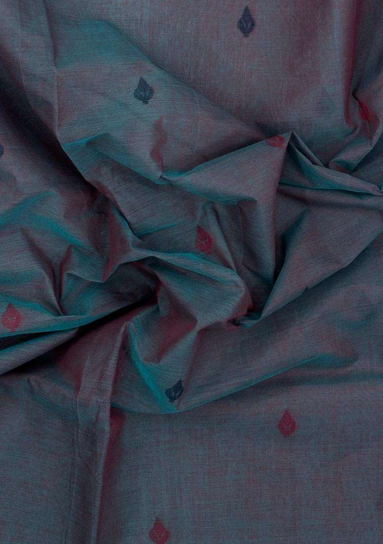 Steel Blue Handloom Bengal Cotton Saree With Floral Motifs With Buttas And Brocade Design For Women - Indya