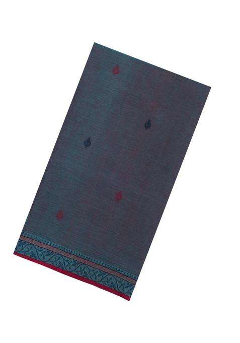 Steel Blue Handloom Bengal Cotton Saree With Floral Motifs With Buttas And Brocade Design For Women
