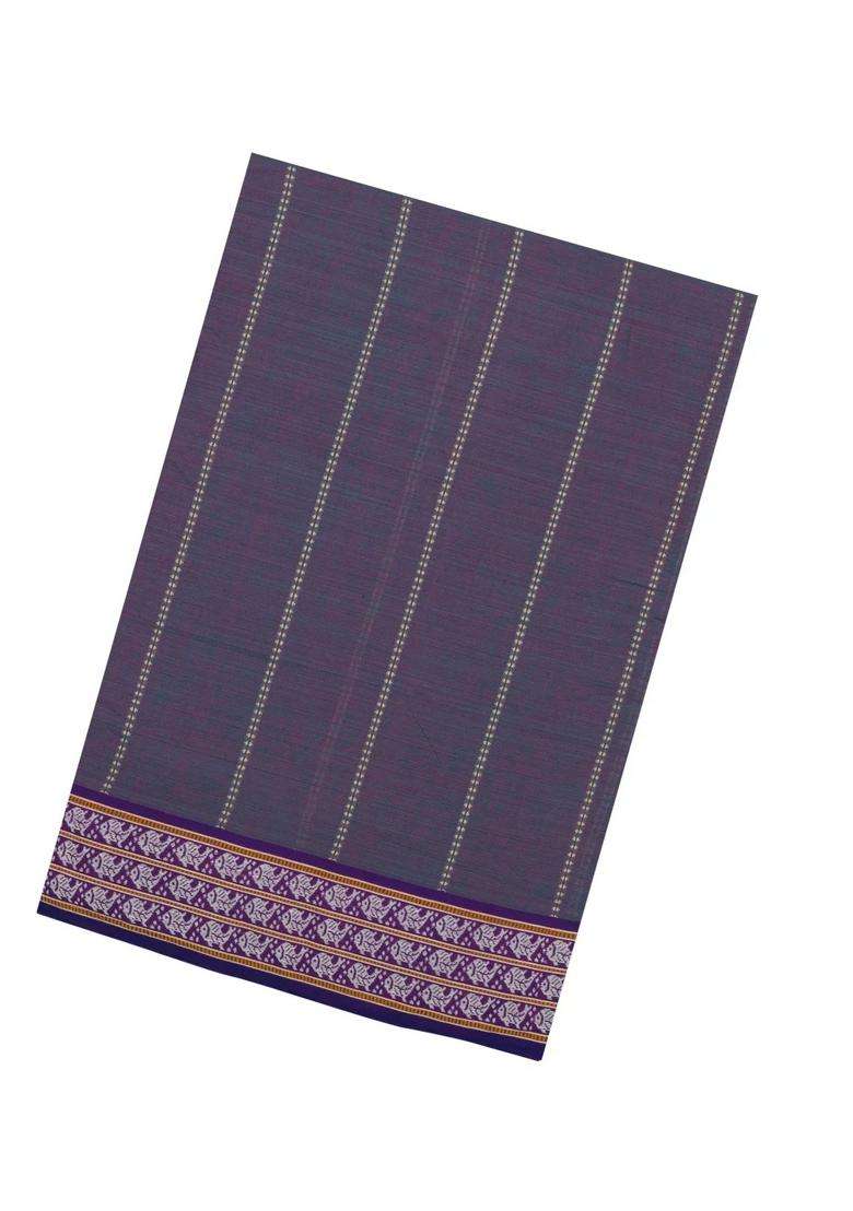 Dark Grey Handloom Bengal Cotton Saree With Stripes With Checks And Stripes Design For Women - Indya