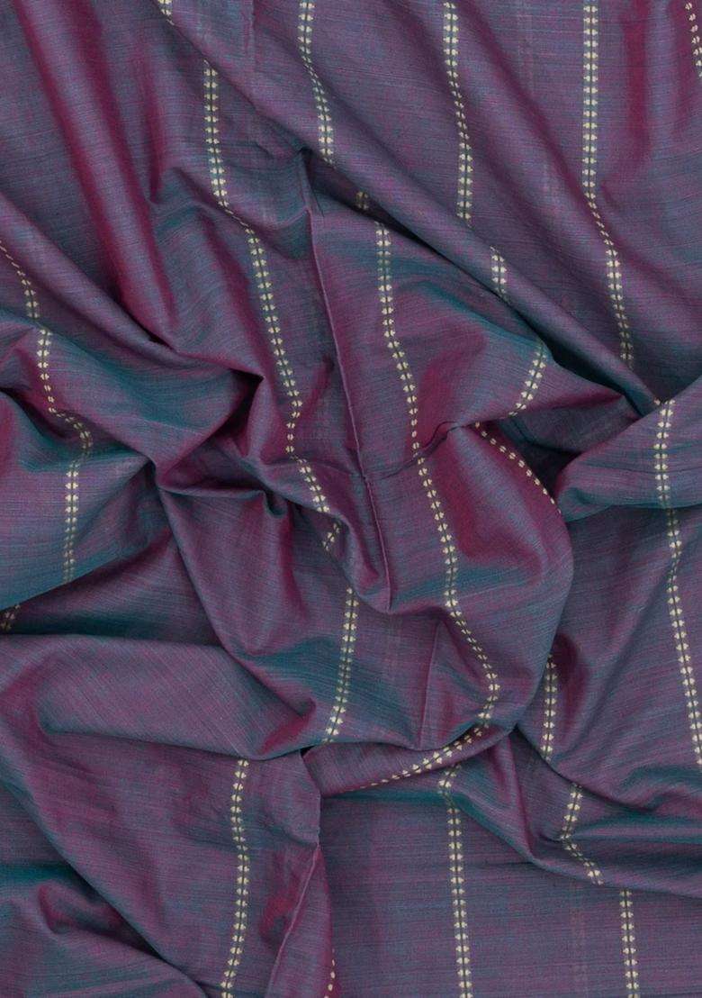 Dark Grey Handloom Bengal Cotton Saree With Stripes With Checks And Stripes Design For Women - Indya