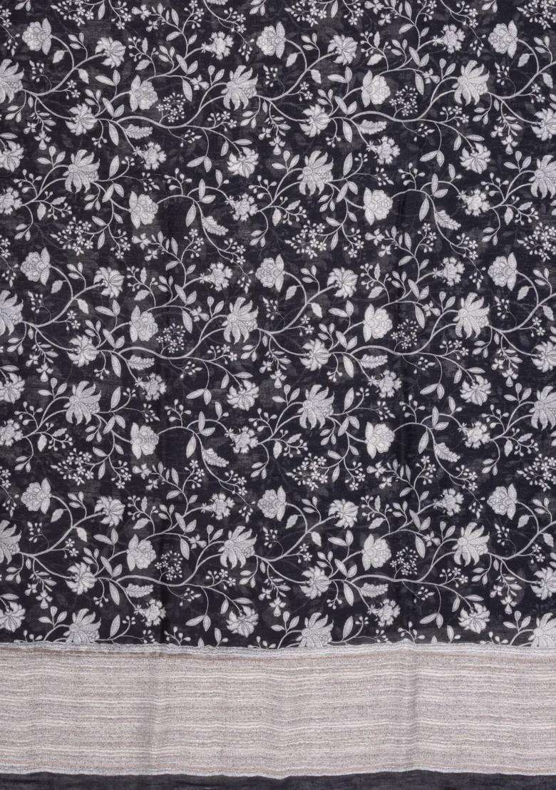 Black Handloom Linen Saree With Printed Floral Motifs For Women - Indya