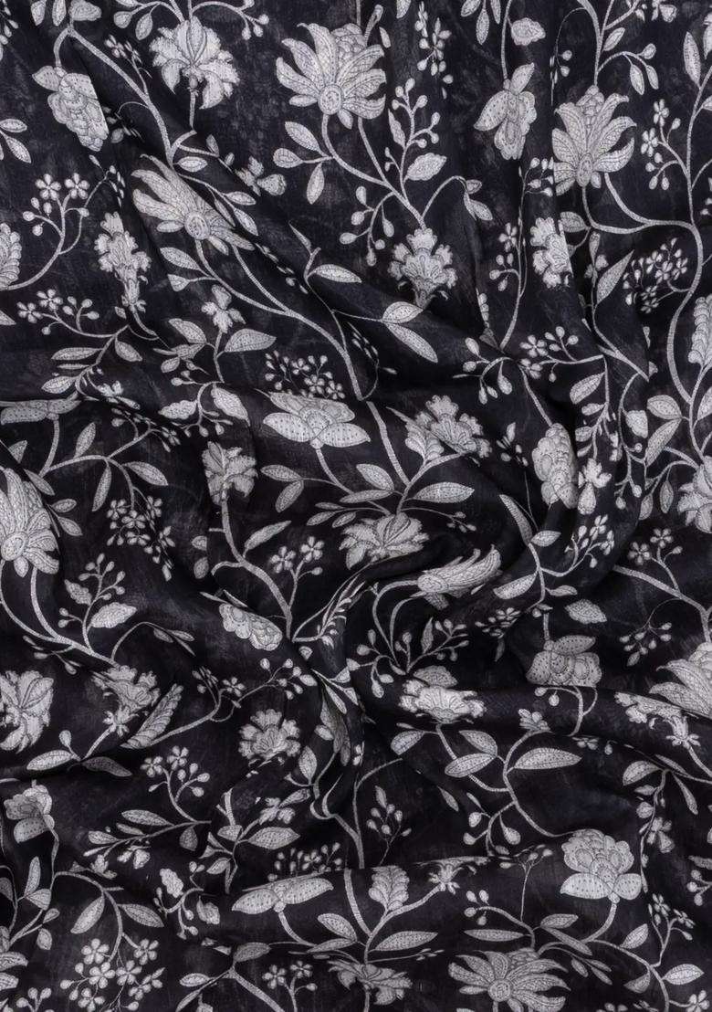Black Handloom Linen Saree With Printed Floral Motifs For Women - Indya