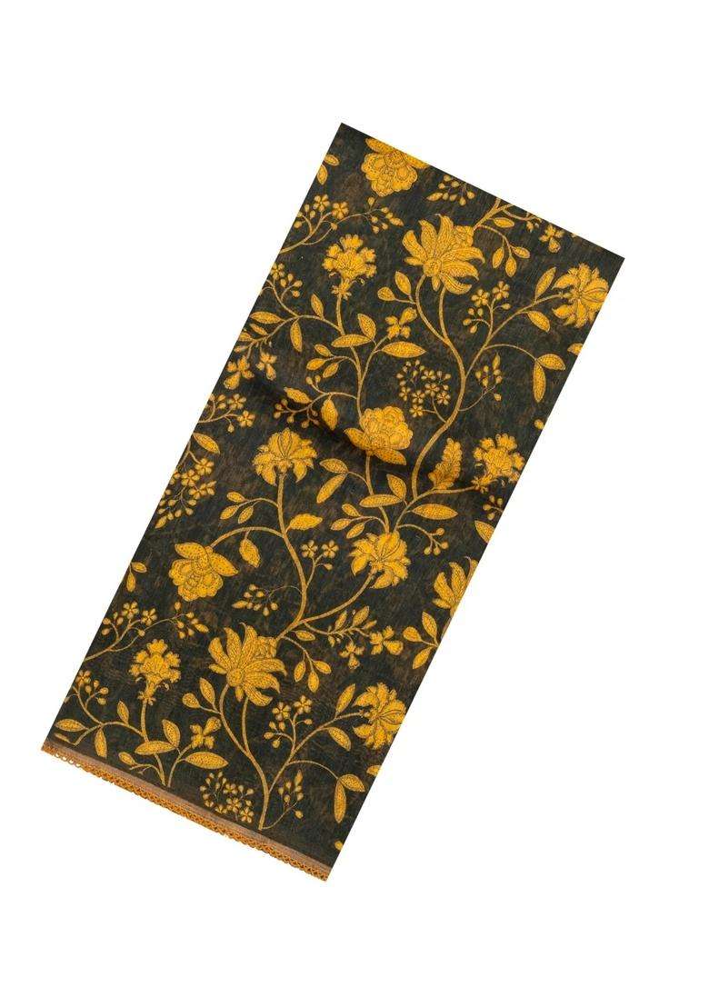 Black Handloom Linen Saree With Printed Yellow Floral Motifs For Women - Indya