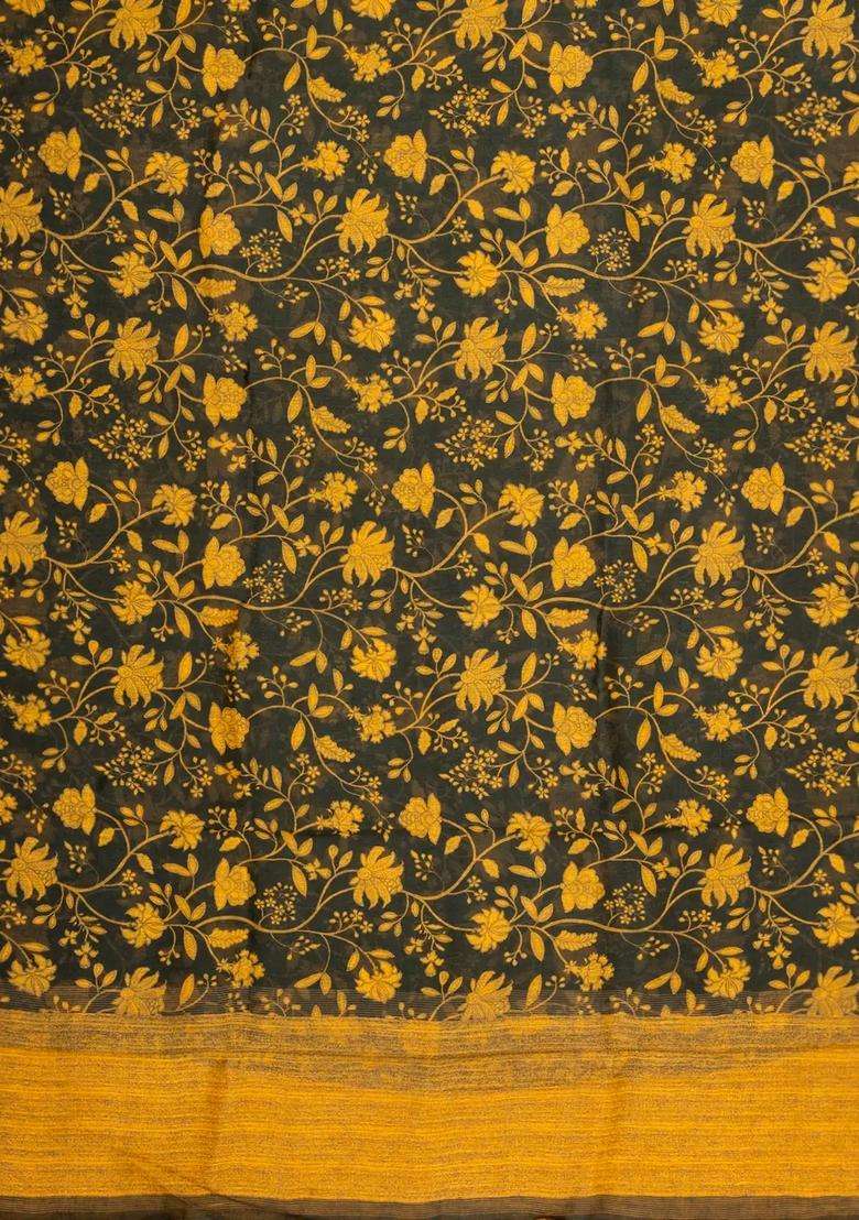 Black Handloom Linen Saree With Printed Yellow Floral Motifs For Women - Indya