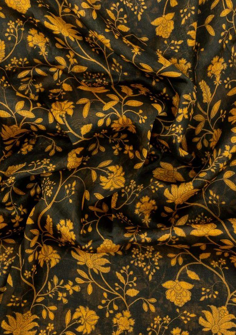 Black Handloom Linen Saree With Printed Yellow Floral Motifs For Women - Indya