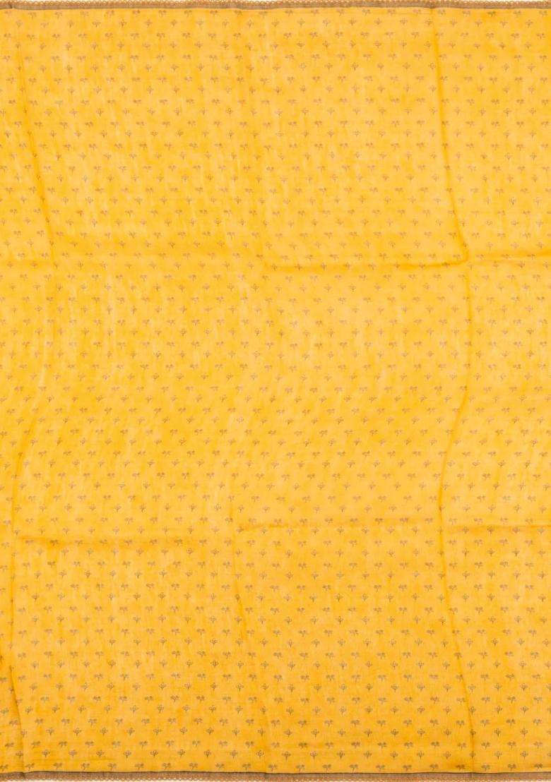 Black Handloom Linen Saree With Printed Yellow Floral Motifs For Women - Indya