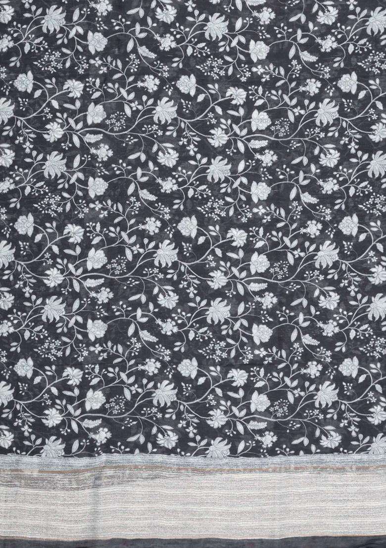 Black Handloom Linen Saree With Printed Floral Motifs For Women - Indya