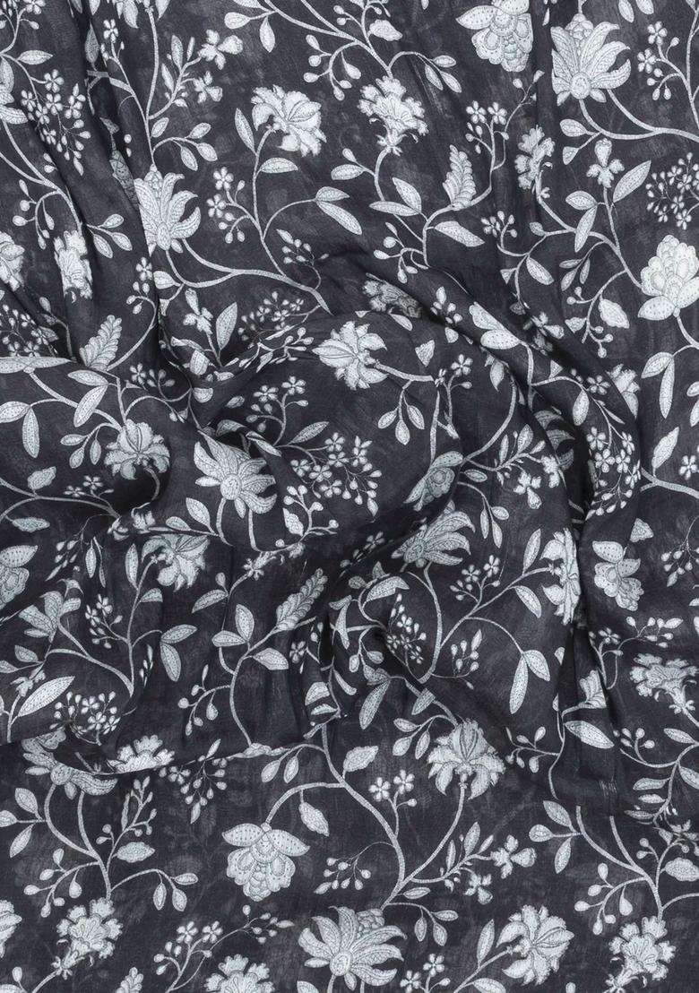 Black Handloom Linen Saree With Printed Floral Motifs For Women - Indya
