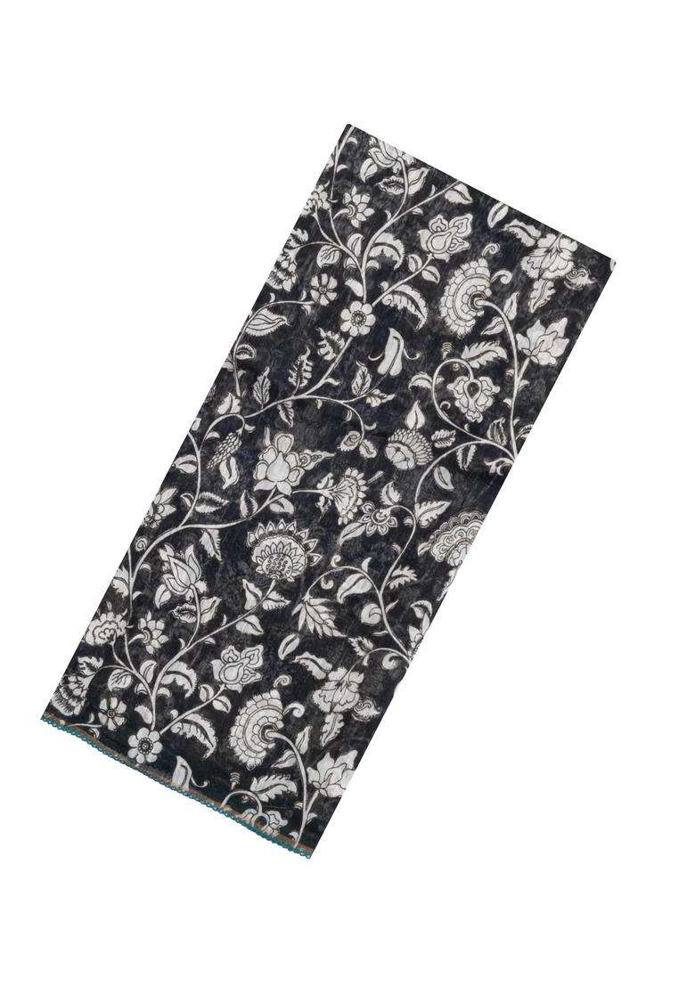 Black Handloom Linen Saree With Printed White Floral Motifs For Women - Indya