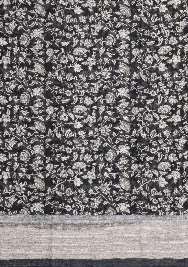 Black Handloom Linen Saree With Printed White Floral Motifs For Women - Indya