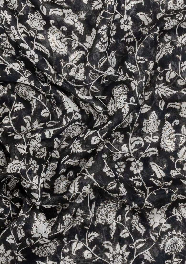 Black Handloom Linen Saree With Printed White Floral Motifs For Women - Indya