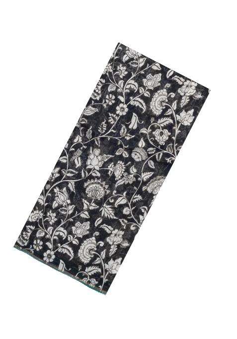 Black Handloom Linen Saree With Printed White Floral Motifs For Women