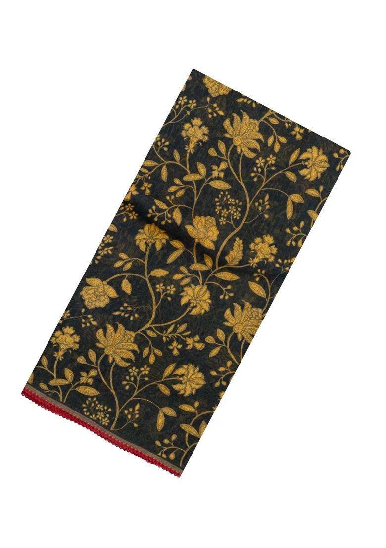 Black Handloom Linen Saree With Printed Yellow Floral Motifs For Women - Indya