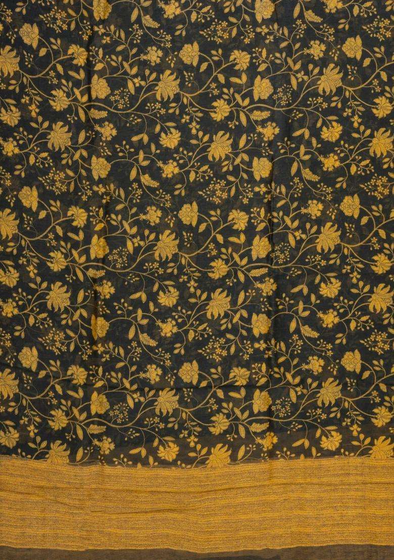 Black Handloom Linen Saree With Printed Yellow Floral Motifs For Women - Indya